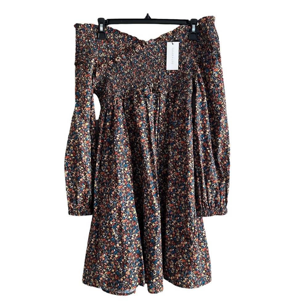 Sugar lips floral shoulderless shirred off shoulder dress